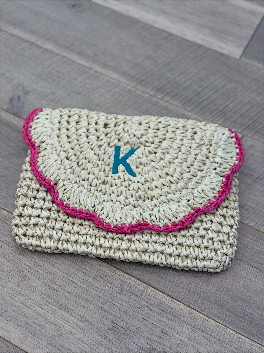 Personalized Raffia Clutch - Cream with Pink Trim and Blue Monogram